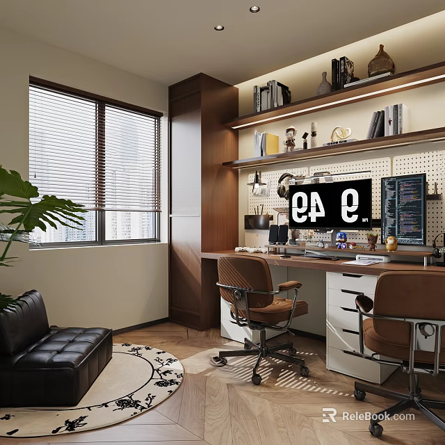 Modern Home Office Interior With Built-in Bookshelves Desktop Computers Leather Sofa And Indoor Plant 3d model 