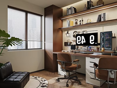 Modern Home Office Interior With Built-in Bookshelves Desktop Computers Leather Sofa And Indoor Plant 3d model