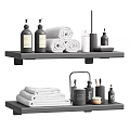 Bathroom Accessories Display On Black Shelves With White Towels And Toiletries