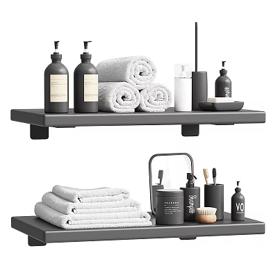 Bathroom Accessories Display On Black Shelves With White Towels And Toiletries 3d model