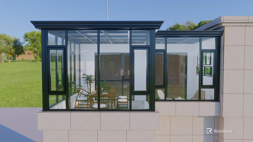 Villa Balcony Glass Sunroom with Black Frame Table Chairs and Green Lawn View 3d model 