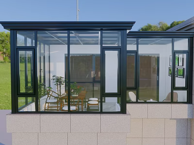 Villa Balcony Glass Sunroom with Black Frame Table Chairs and Green Lawn View 3d model