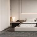 Modern Minimalist Bedroom With Recessed Lighting Bedhead Wall Wardrobe Armchair And Table Lamp