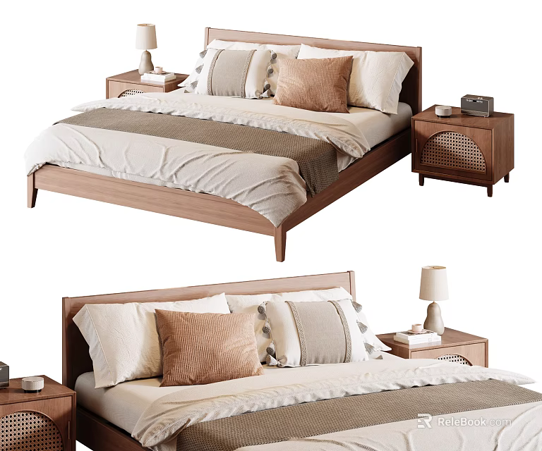 Simple Modern Double Bed With Wooden Frame Nightstands And Decorative Pillows 3d model