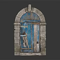 Antique Stone Archway With Weathered Blue Wooden Door And Frame