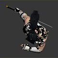 Game Movie Warrior Character In Black White Outfit Holding Sword Standing With Armor Details