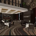 Luxurious Banquet Hall Interior With Wooden Decor Dining Tables And Chandeliers