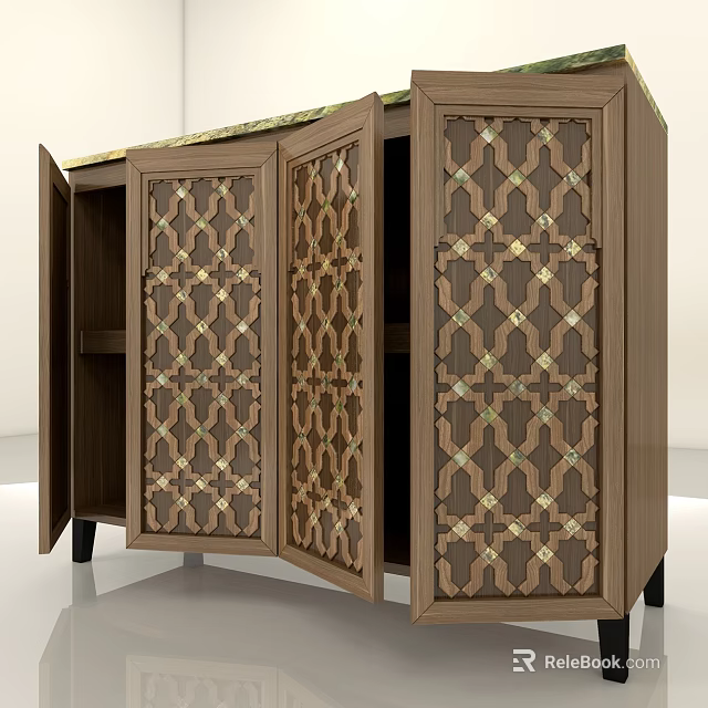 Solid Wood Entryway Sideboard With Geometric Inlaid Doors And Open Storage Space 3d model 