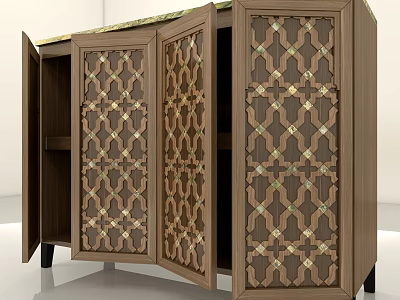 Solid Wood Entryway Sideboard With Geometric Inlaid Doors And Open Storage Space 3d model