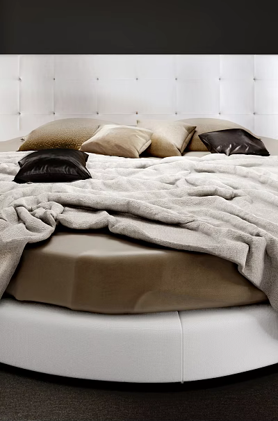 Modern Round Bed With White Headboard Pillows Blanket And Nightstand Lamps In Bedroom 3d model