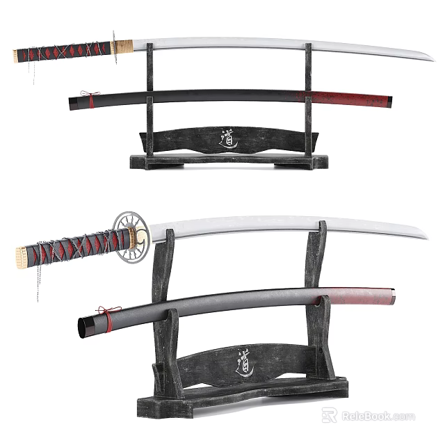 Japanese Samurai Sword With Decorative Black Red Scabbard On Traditional Wooden Stand 3d model 