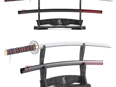 Japanese Samurai Sword With Decorative Black Red Scabbard On Traditional Wooden Stand 3d model