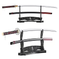 Japanese Samurai Sword With Decorative Black Red Scabbard On Traditional Wooden Stand