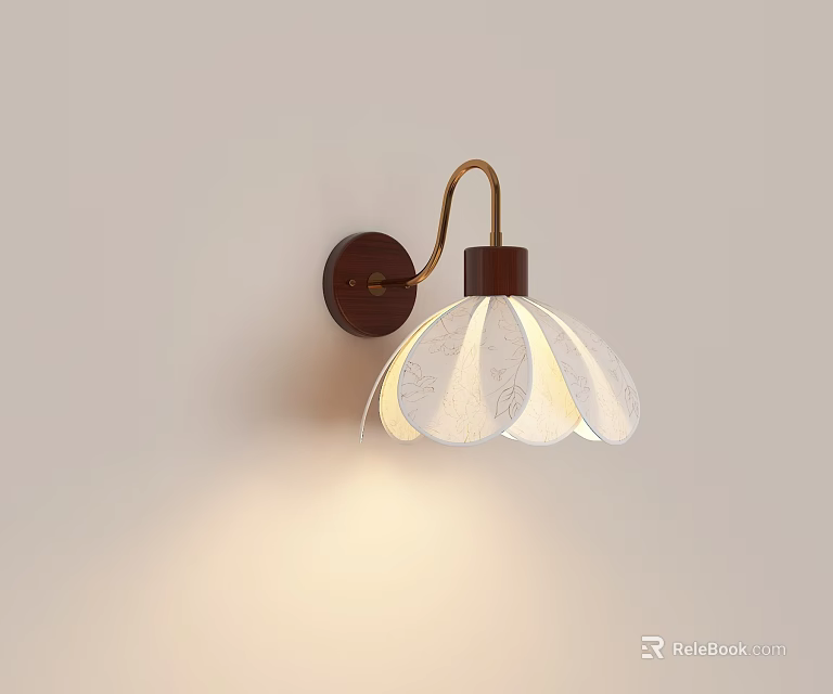 White Cutout Shade Wall Lamp with Brass Curved Arm and Dark Base 3d model 