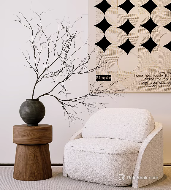 Light Upholstered Single Sofa with Wooden Side Table Ceramic Vase and Geometric Wall Art 3d model 
