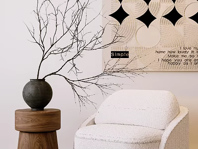 Light Upholstered Single Sofa with Wooden Side Table Ceramic Vase and Geometric Wall Art 3d model