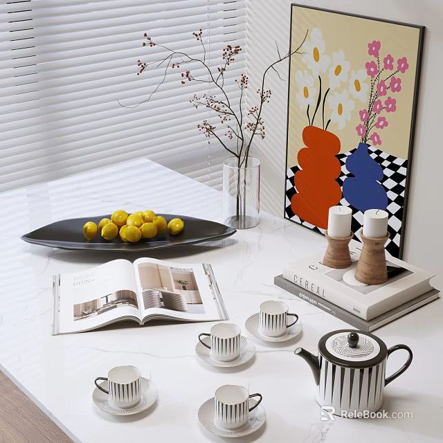 Elegant Tea Set with Teapot White Cups Lemons Open Book on White Table and Painting 3d model 