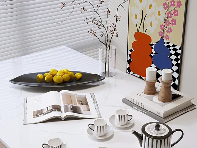 Elegant Tea Set with Teapot White Cups Lemons Open Book on White Table and Painting 3d model