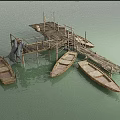 Rustic Wooden Dock With Moored Boats And Drying Clothes On Water 3d model