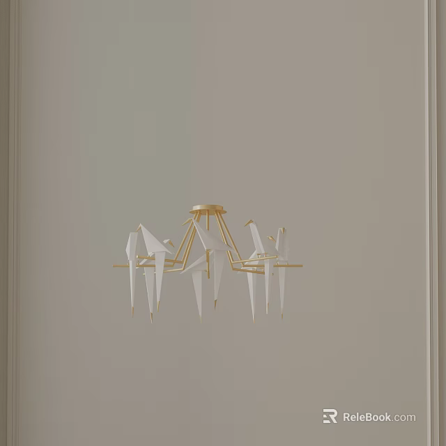 Modern Chandelier With Gold Frame And White Origami Crane Decorations In Indoor Space 3d model 