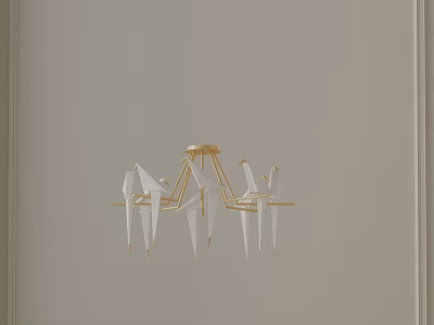 Modern Chandelier With Gold Frame And White Origami Crane Decorations In Indoor Space 3d model