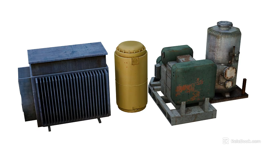Vintage Industrial Equipment With Rusted Transformer Air Tank And Metal Generator Units 3d model 