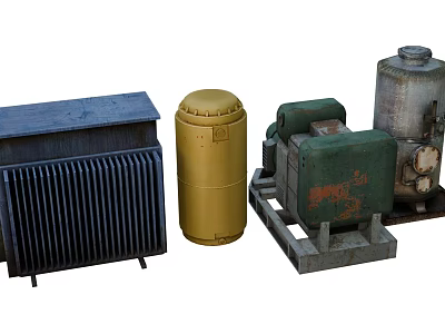 Vintage Industrial Equipment With Rusted Transformer Air Tank And Metal Generator Units 3d model
