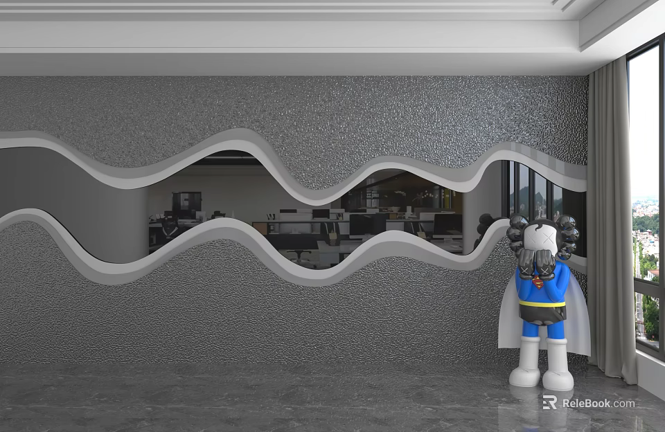 Modern Wavy Gray Background Wall With Mirror Finish And White Blue Cartoon Doll 3d model 