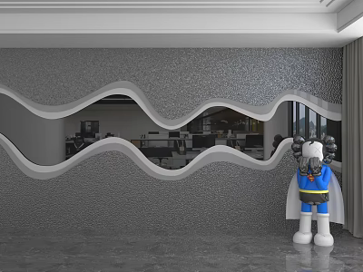 Modern Wavy Gray Background Wall With Mirror Finish And White Blue Cartoon Doll 3d model