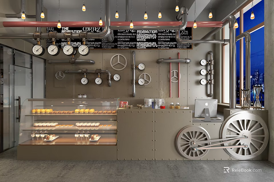 Industrial Style Bar Counter With Pastries Display Case Gauges Pipes Pendant Lights And Wheel 3d model 