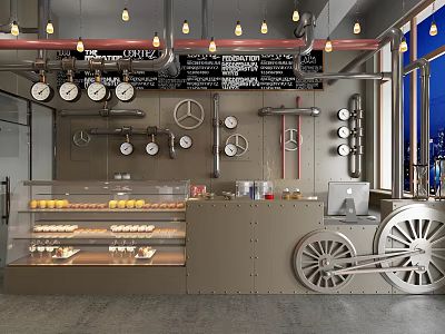 Industrial Style Bar Counter With Pastries Display Case Gauges Pipes Pendant Lights And Wheel 3d model