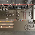 Industrial Style Bar Counter With Pastries Display Case Gauges Pipes Pendant Lights And Wheel