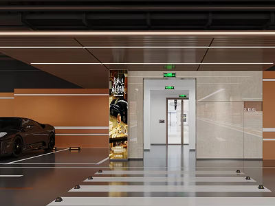 Modern Parking Garage With Luxury Sports Car Gold Decorative Elements Striped Floor Green Exit Signs 3d model
