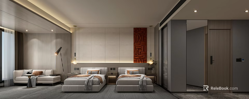 Modern Hotel Guest Room With Twin Beds Red Geometric Artwork Bedside Lamps And Minimalist Design 3d model 