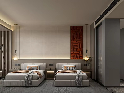 Modern Hotel Guest Room With Twin Beds Red Geometric Artwork Bedside Lamps And Minimalist Design 3d model