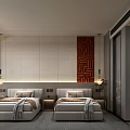 Modern Hotel Guest Room With Twin Beds Red Geometric Artwork Bedside Lamps And Minimalist Design