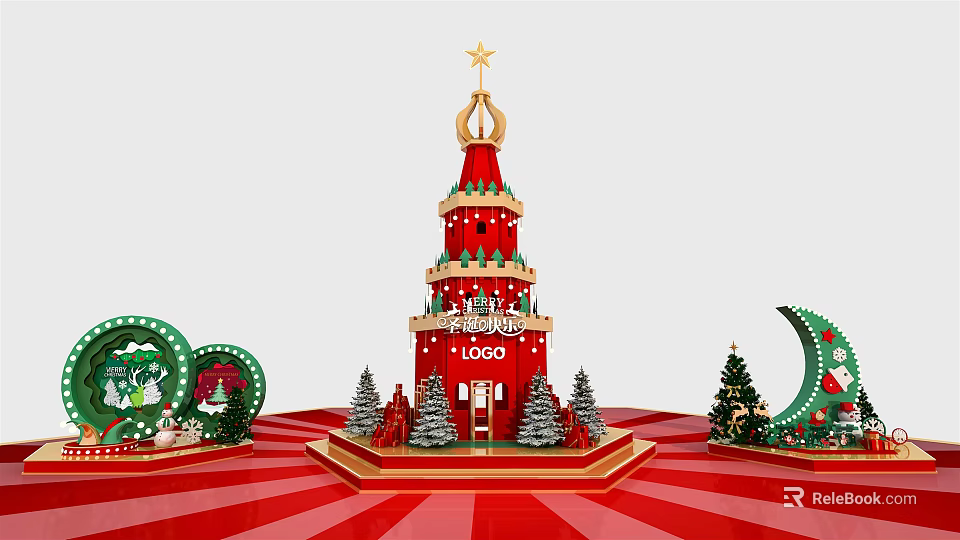 Red Christmas Decoration Tower With Star Logo And Trees On Striped Ground 3d model