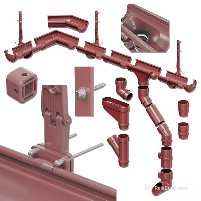 Durable Red Gutter System With Elbow Joints And Bracket Components 3d model