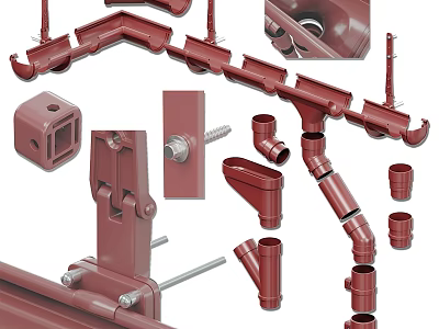 Durable Red Gutter System With Elbow Joints And Bracket Components 3d model