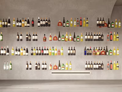 Wine Bottles and Glasses Collection Arranged Neatly on Wall 3d model