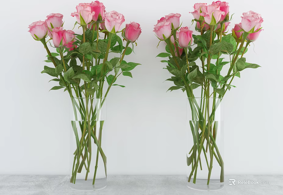 Two Bouquets of Pink Roses in Clear Glass Vases with Green Leaves on Gray Surface 3d model 