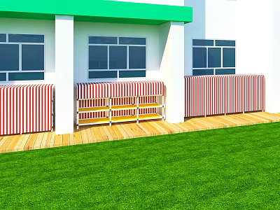 Outdoor Area With Green Lawn Wooden Floor Red White Striped Railings And Yellow Benches 3d model