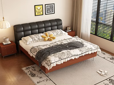 Double Bed With Black Leather Headboard Patterned Bedspread Gray Blanket Yellow Pillows And Wall Art 3d model