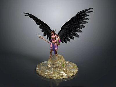 Man With Large Black Wings Holding Spear Standing On Stone Base 3d model