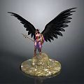Man With Large Black Wings Holding Spear Standing On Stone Base
