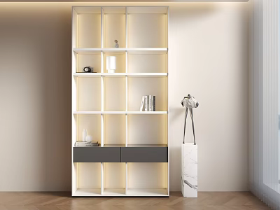Modern Bookcase Interior Design with Geometric Shelves Lighting and Decorative Drawers 3d model
