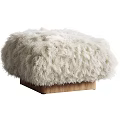 Soft Fluffy Cream Faux Fur Ottoman with Wooden Base for Living Room Decor