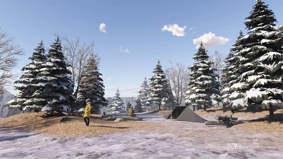 Snow Covered Pines In Park Landscape With Blue Sky White Clouds Tent And People Walking 3d model 