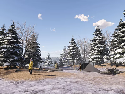 Snow Covered Pines In Park Landscape With Blue Sky White Clouds Tent And People Walking 3d model