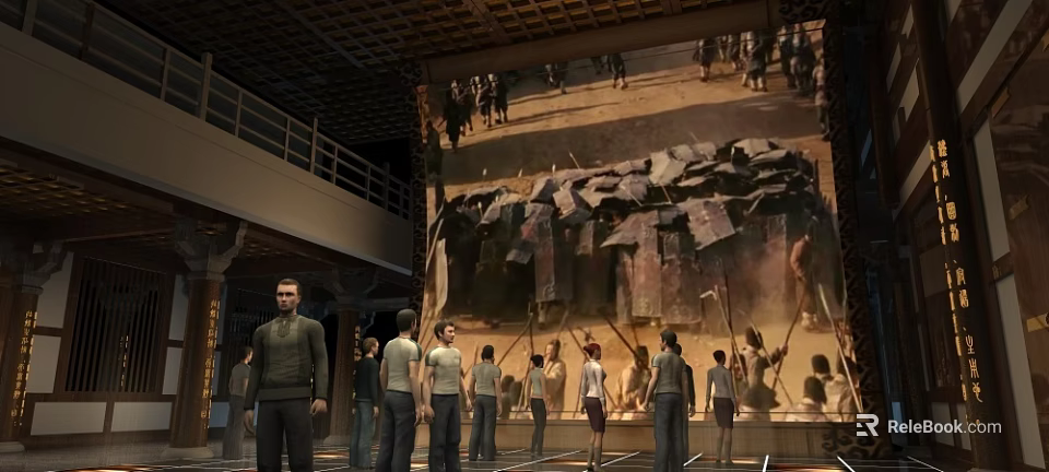 Cultural Center Indoor Historical Scene Exhibition With Large Screen Projection And Visitor Models 3d model 